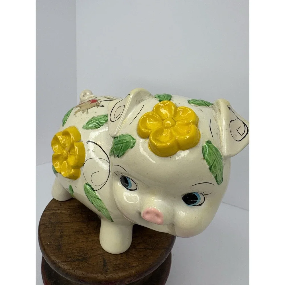 Vtg Plastic Piggy Bank Flowers Stopper White Yellow Whimsical Textured